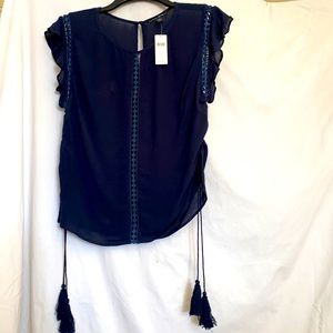 Anthropology- Cute navy blue blouse with tassels